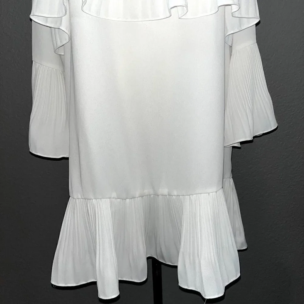 HAILEY Multi Layer Pleated Ruffle Long Sleeve White Crepe Chandelier Dress EUC M - Picture 4 of 10